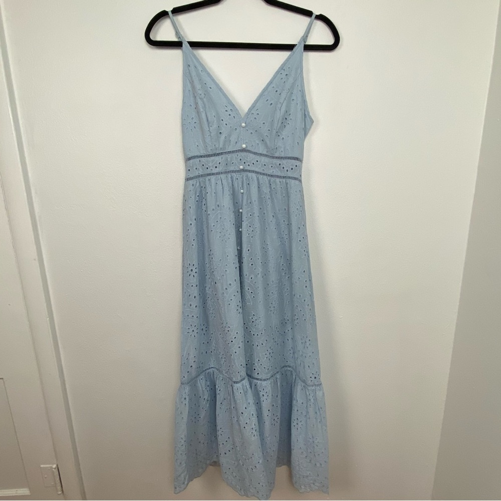 Simplee Sky Blue Midi Dress Eyelet Lace Button Front Summer Size Medium Cottage